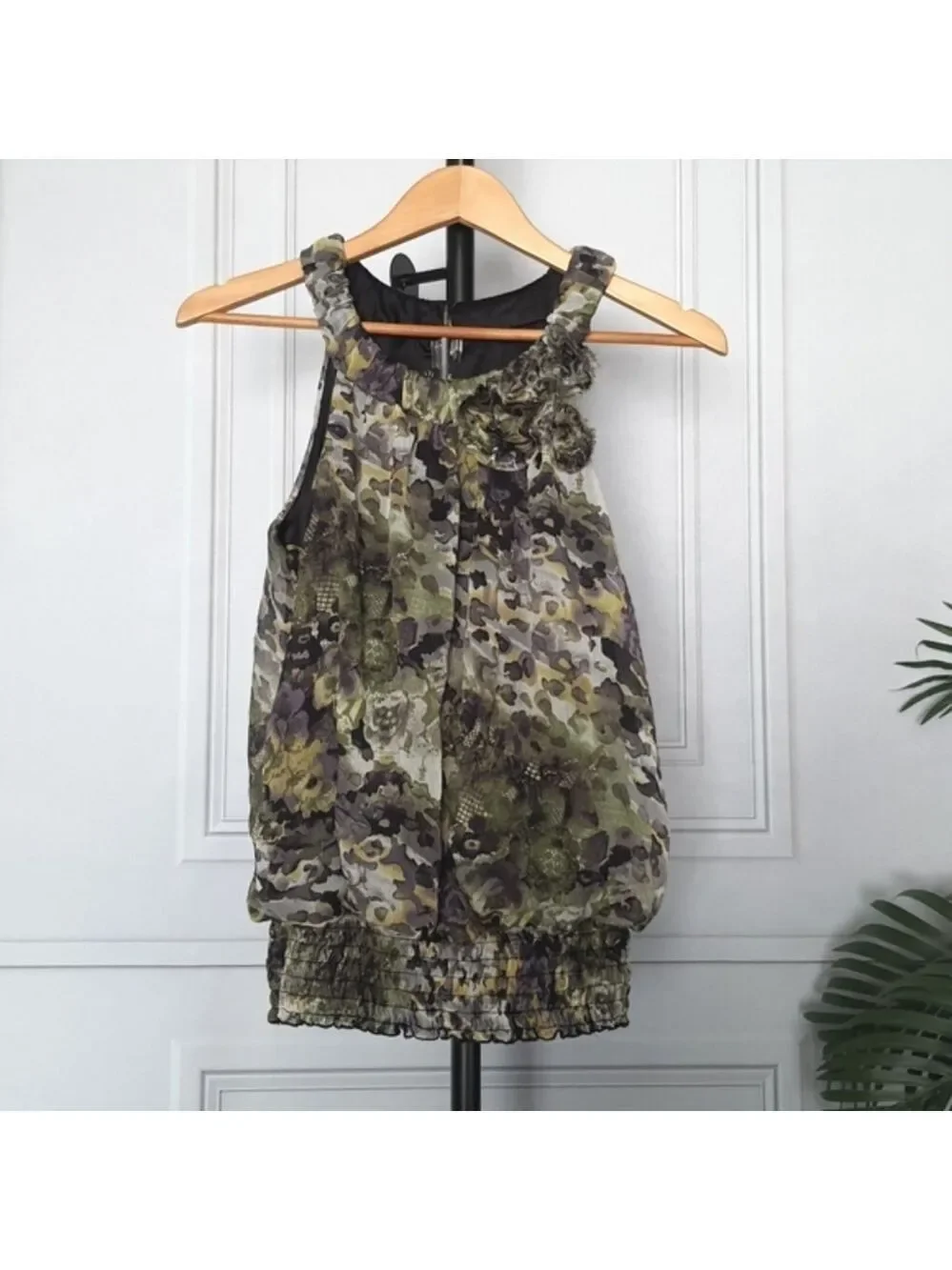 BCX Halter Top Camo Watercolor Smocked Waist Juniors XL Green Yellow
